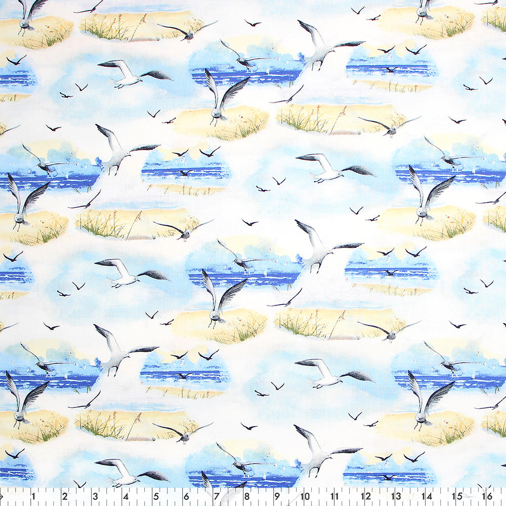 FABRIC CREATIONS Cotton Print Fabric Bolt 42 in × 8 yd (7.3 m) White With Sea Shore Scenes & Seagulls