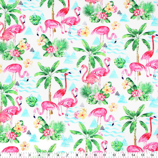 FABRIC CREATIONS 42" × 8 yd Cotton Fabric Bolt — White with Tropical Plants and Pink Flamingos