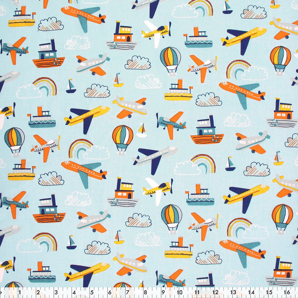 FABRIC CREATIONS 42&Prime; x 8yd Cotton Fabric Bolt - Light Blue with Modes of Transportation