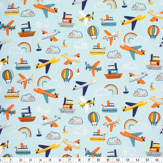 FABRIC CREATIONS Cotton Print Fabric Bolt 42 in × 8 yd (7.3 m) Light Blue Modes Of Transportation