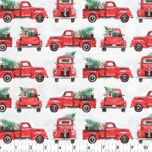 FABRIC CREATIONS 42" × 8 yd Cotton Flannel Fabric Bolt — White with Red Truck Hauling Christmas Tree and Presents