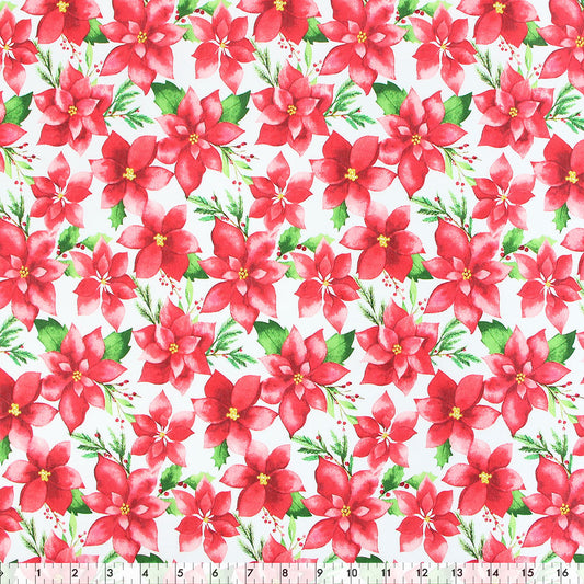 FABRIC CREATIONS 42" × 8 yd Cotton Flannel Fabric Bolt — White with Red Christmas Poinsettias