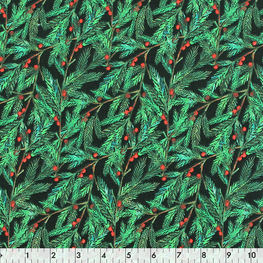 FABRIC CREATIONS 42" × 8 yd Cotton Flannel Fabric Bolt — Black with Green Holly Branches and Red Berries