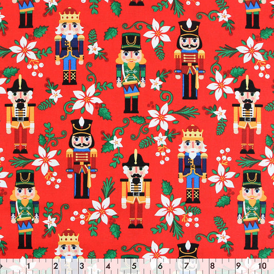 FABRIC CREATIONS 42" × 8 yd Cotton Flannel Fabric Bolt — Red with Colourful Christmas Nutcrackers