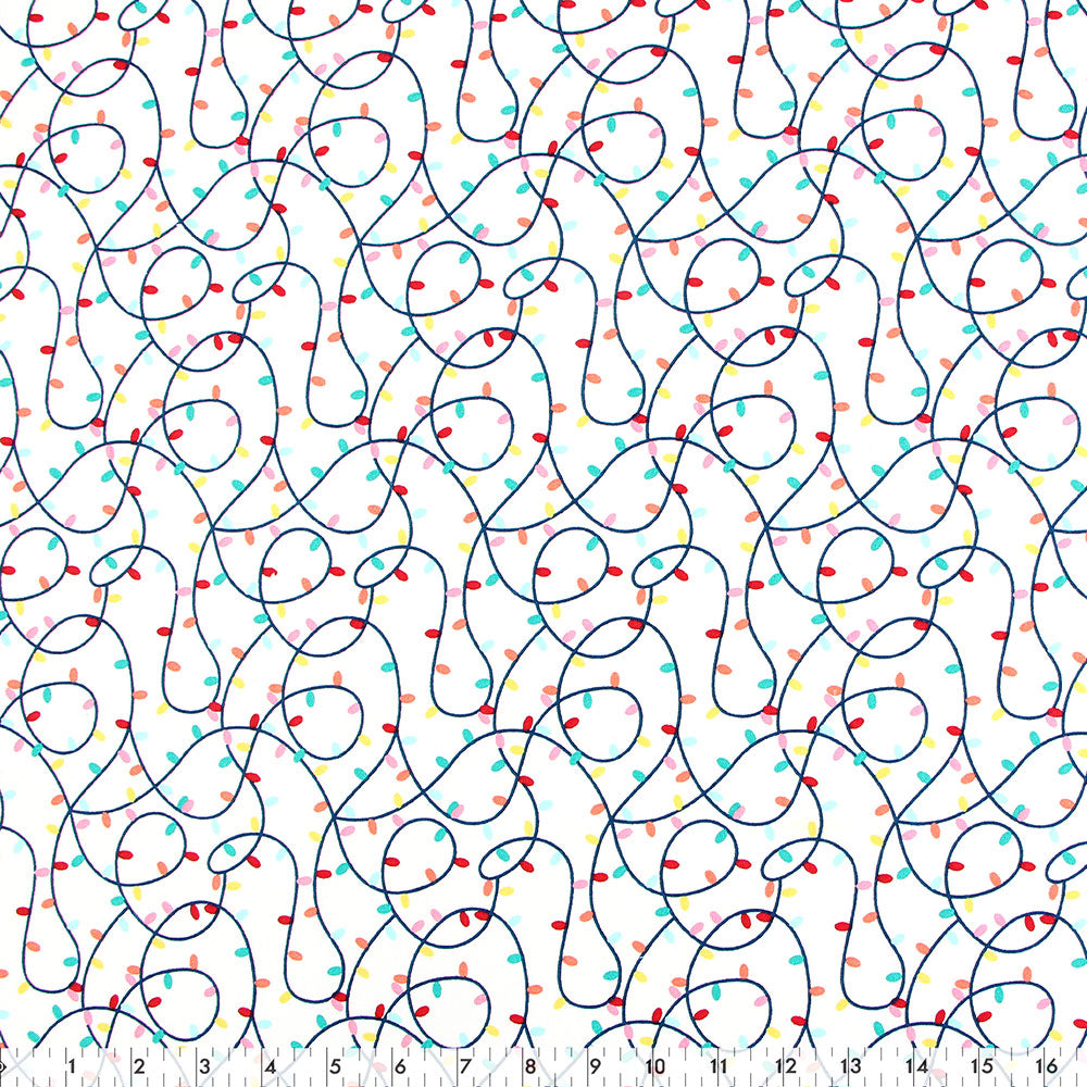 FABRIC CREATIONS 42" × 8 yd Cotton Flannel Fabric Bolt — White with Coloured String of Christmas Lights
