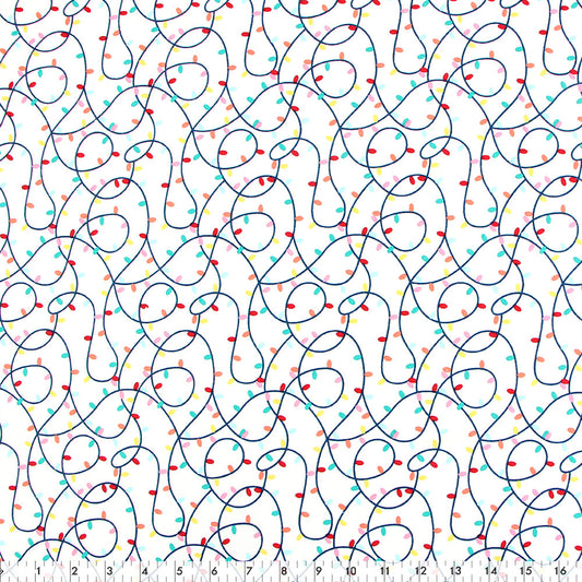 FABRIC CREATIONS 42" × 8 yd Cotton Flannel Fabric Bolt — White with Coloured String of Christmas Lights