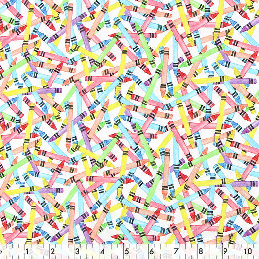 FABRIC CREATIONS 42 x 8yd Cotton Fabric Bolt - White with Colourful Crayons