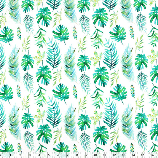 FABRIC CREATIONS 42 x 8yd Cotton Fabric Bolt - White with Watercolour Green and Blue Tree Leaves