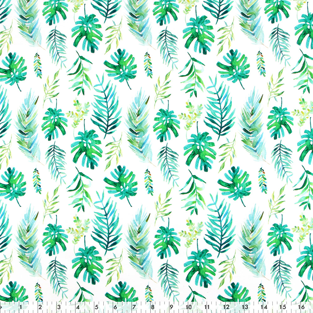 Fabric Creations Cotton Fabric Bolt 42 in × 8 yd White with Watercolour Green and Blue Tree Leaves
