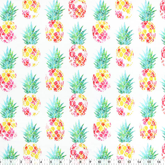Fabric Creations Cotton Fabric Bolt 42 in × 8 yd White with Pink and Yellow Watercolour Pineapples