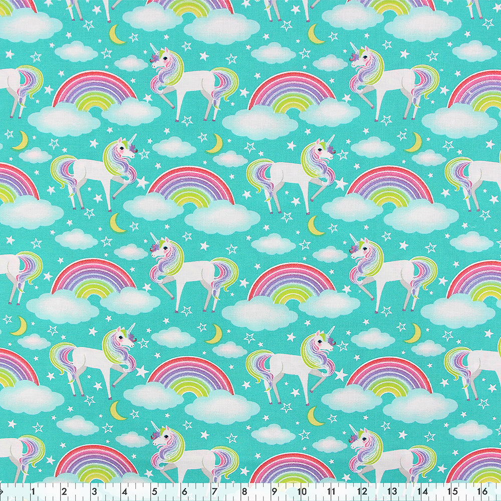 Fabric Creations Cotton Fabric Bolt 42 in × 8 yd Green with White Unicorns and Rainbows