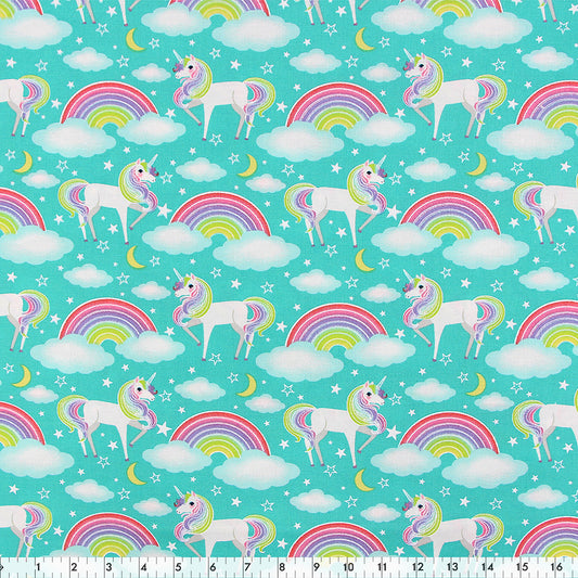 Fabric Creations Cotton Fabric Bolt 42 in × 8 yd Green with White Unicorns and Rainbows