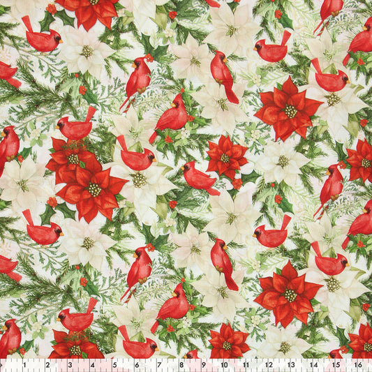 FABRIC CREATIONS 45" × 15 yd Cotton Fabric Bolt — White with Christmas Poinsettias and Red Cardinals