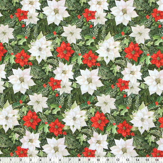 FABRIC CREATIONS 45" × 15 yd Cotton Fabric Bolt — Green with Christmas Poinsettias