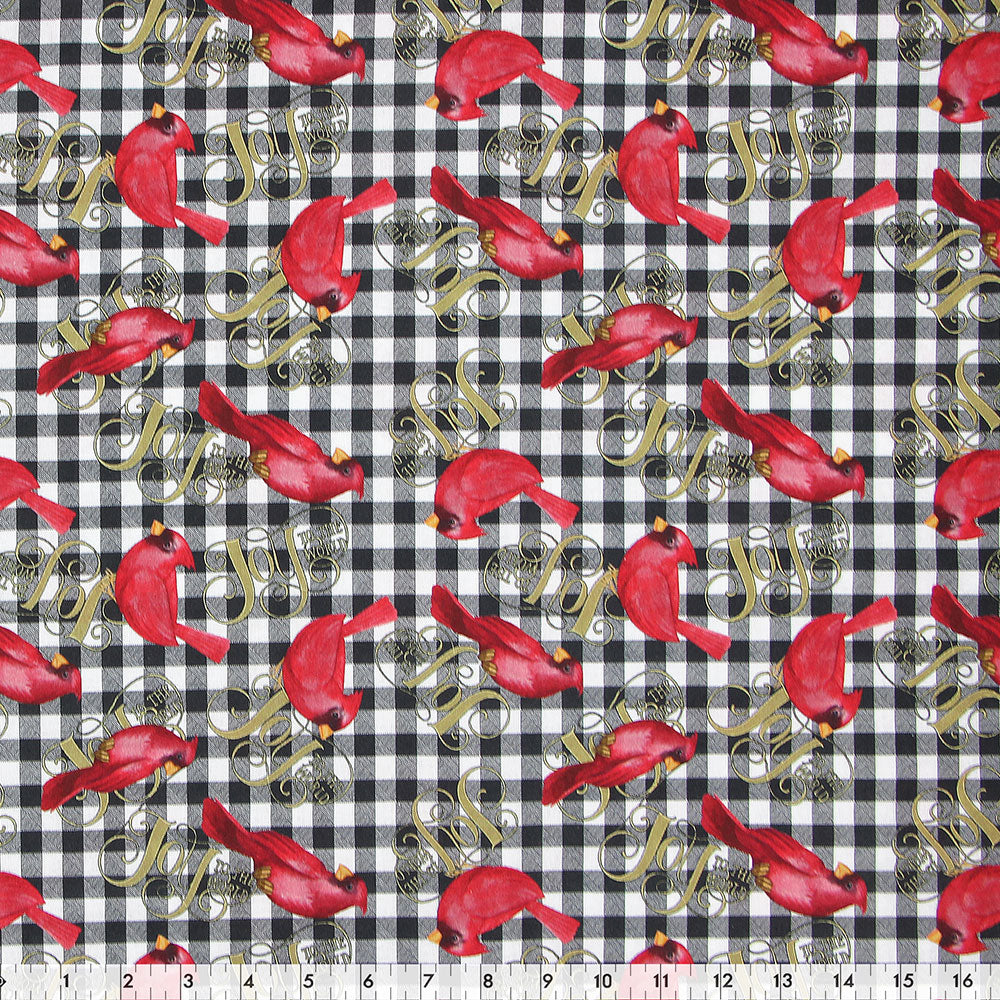 FABRIC CREATIONS 45" × 15 yd Cotton Fabric Bolt — Black Gingham with Christmas Red Cardinals and Joy