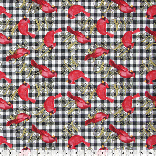 FABRIC CREATIONS 45" × 15 yd Cotton Fabric Bolt — Black Gingham with Christmas Red Cardinals and Joy