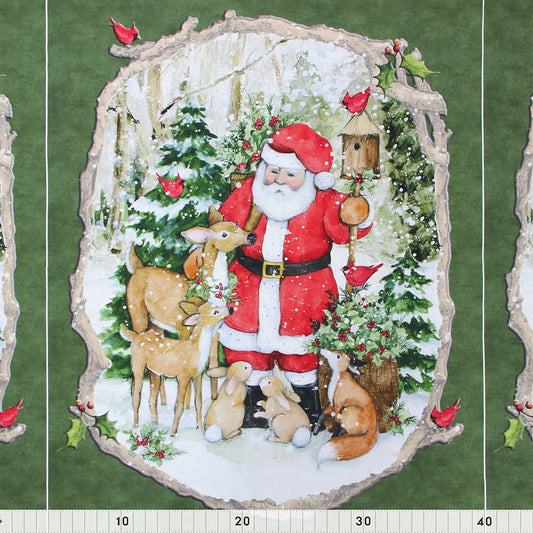 FABRIC CREATIONS 45" × 15 yd Cotton Fabric Bolt — Green with Christmas Santa and Forest Animals