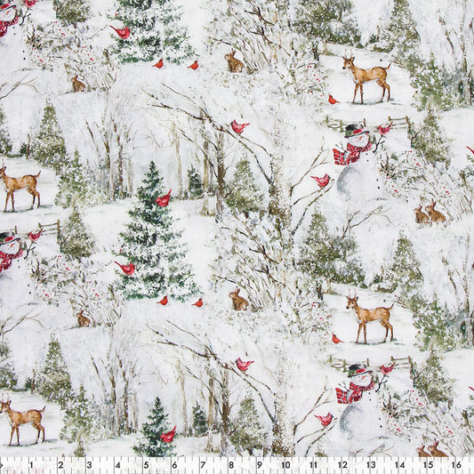 FABRIC CREATIONS 45" × 15 yd Cotton Fabric Bolt — White with Christmas Forest and Animals