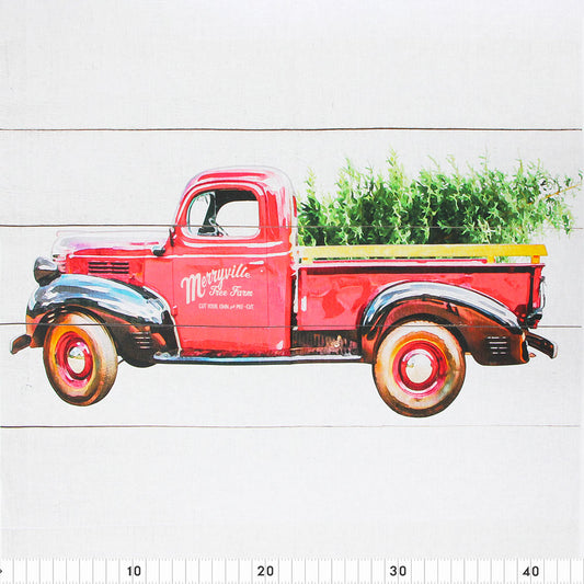 FABRIC CREATIONS 45" × 15 yd Cotton Fabric Bolt — White with Old Red Truck Hauling Christmas Tree