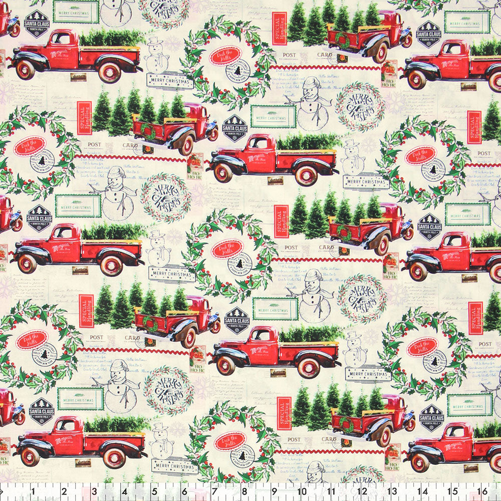 FABRIC CREATIONS 45" × 15 yd Cotton Fabric Bolt — White with Christmas Scenes