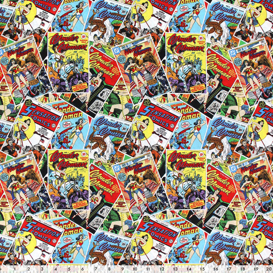 FABRIC CREATIONS 44 in. x 8yd Licensed Cotton Fabric Bolt - DC Wonder Woman Comic Book Covers