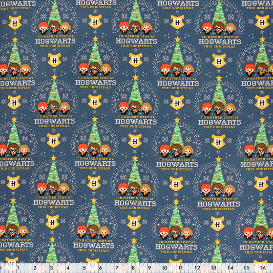 FABRIC CREATIONS 44 in. x 8yd Licensed Cotton Fabric Bolt - Dark Blue with Christmas Cartoon Harry Potter Charact