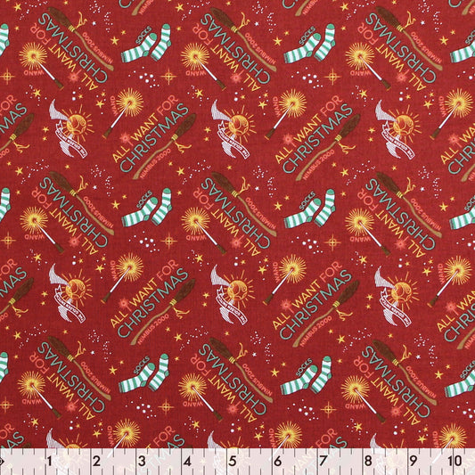Fabric Creations Licensed Cotton Fabric Bolt 44 in × 8 yd Red with Christmas Harry Potter Magical Wish List