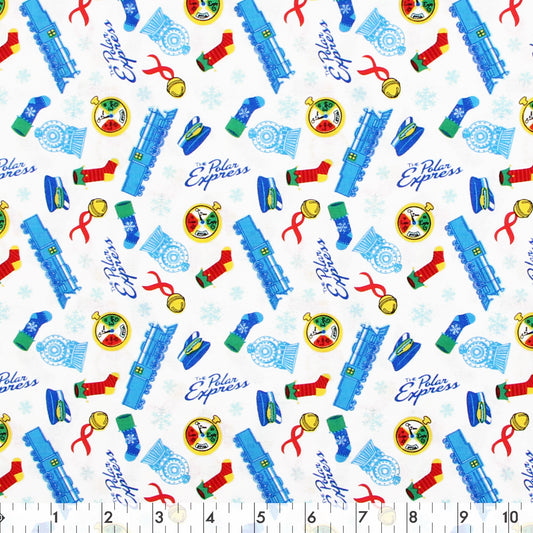 FABRIC CREATIONS 44 in. x 8yd Licensed Cotton Fabric Bolt - White with The Polar Express Icons