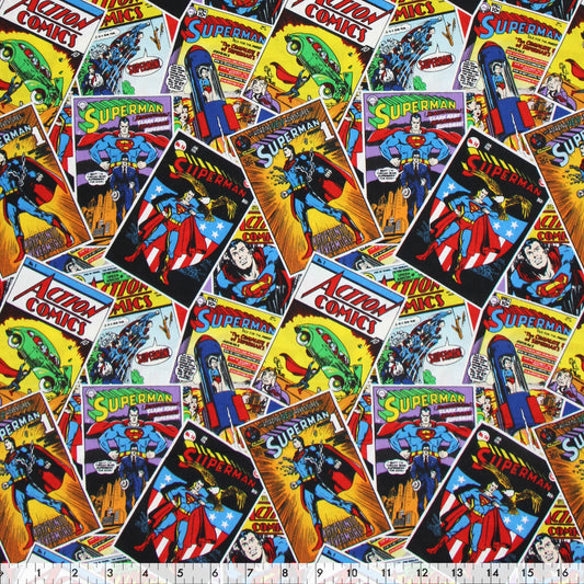FABRIC CREATIONS 44 in. x 8yd Licensed Cotton Fabric Bolt - DC Superman Comic Book Covers