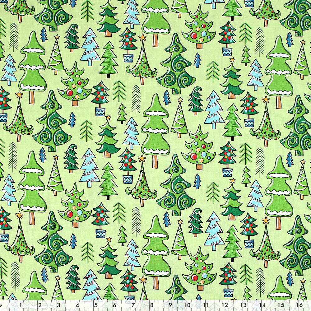 FABRIC CREATIONS 42" × 8 yd Cotton Flannel Fabric Bolt — Light Green with Assorted Christmas Trees