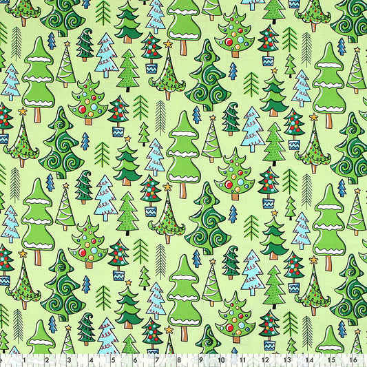 FABRIC CREATIONS 42" × 8 yd Cotton Flannel Fabric Bolt — Light Green with Assorted Christmas Trees