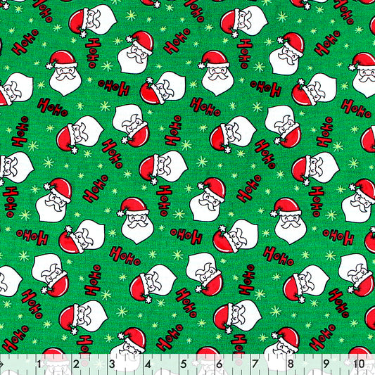 FABRIC CREATIONS 42" × 8 yd Cotton Flannel Fabric Bolt — Green with Christmas Santa Face and “HoHo”