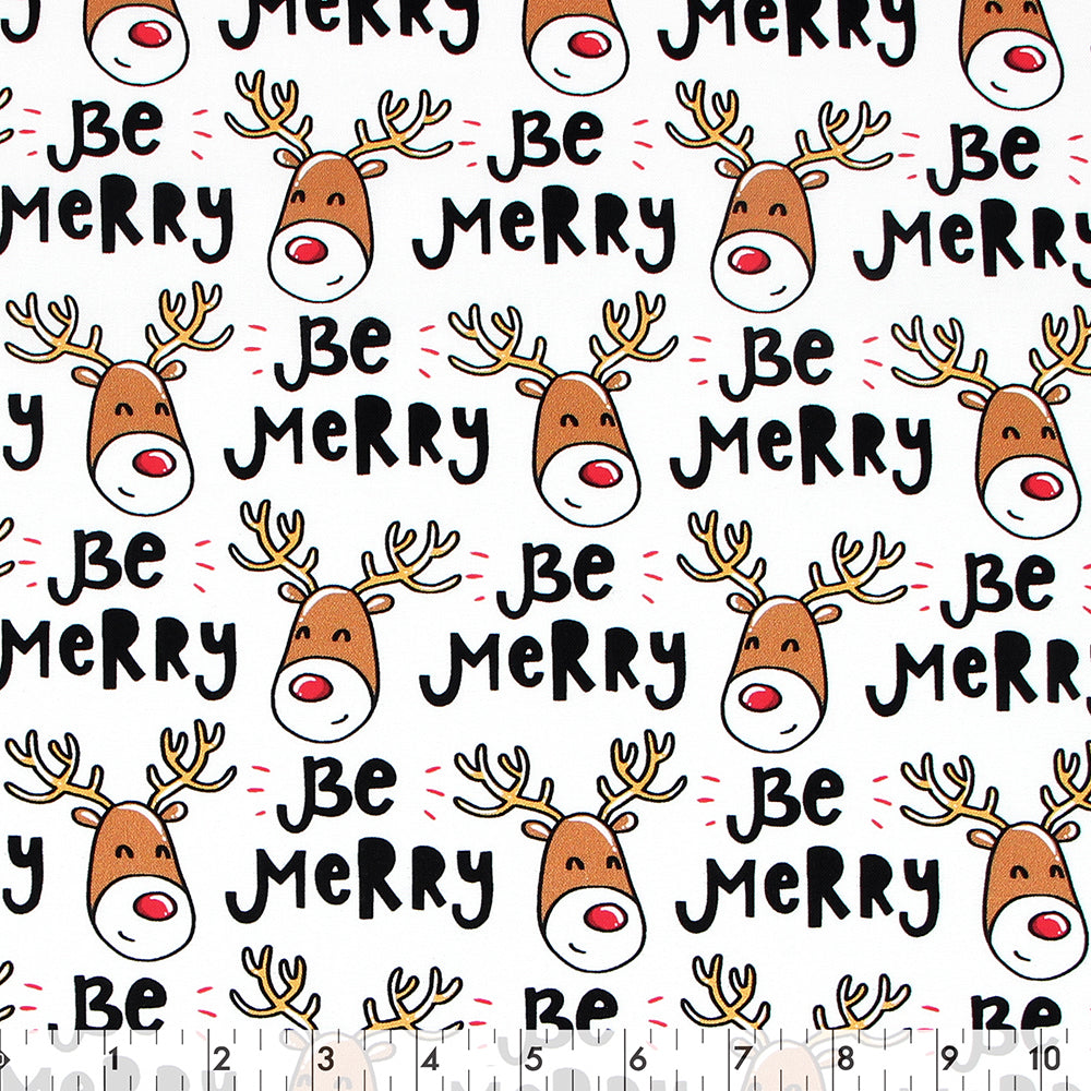 FABRIC CREATIONS 42" × 8 yd Cotton Flannel Fabric Bolt — White with Rudolph and “Be Merry” Christmas Greeting