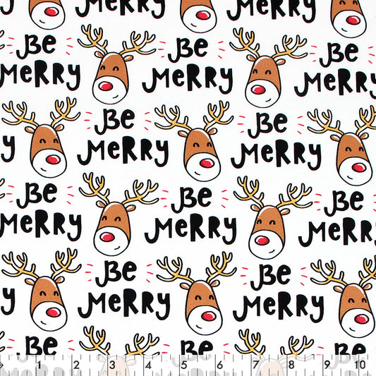 FABRIC CREATIONS 42" × 8 yd Cotton Flannel Fabric Bolt — White with Rudolph and “Be Merry” Christmas Greeting