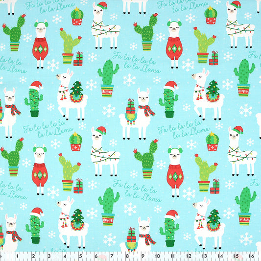 FABRIC CREATIONS 42" × 8 yd Cotton Flannel Fabric Bolt — Blue with “Fa la la” Christmas Llamas