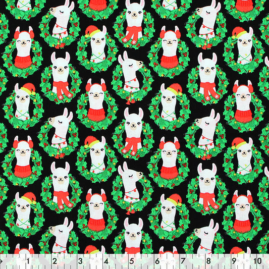 FABRIC CREATIONS 42" × 8 yd Cotton Flannel Fabric Bolt — Black with Green Christmas Wreaths and White Llamas