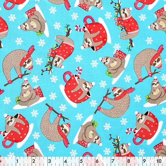 FABRIC CREATIONS 42" × 8 yd Cotton Flannel Fabric Bolt — Blue with Christmas Brown Sloths Winter Play