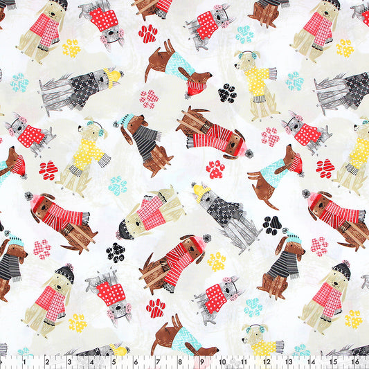 FABRIC CREATIONS 42" × 8 yd Cotton Flannel Fabric Bolt — White with Christmas Dogs in Holiday Sweaters
