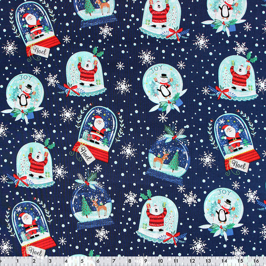 FABRIC CREATIONS 42" × 8 yd Cotton Flannel Fabric Bolt — Navy Blue with Christmas Snowglobes