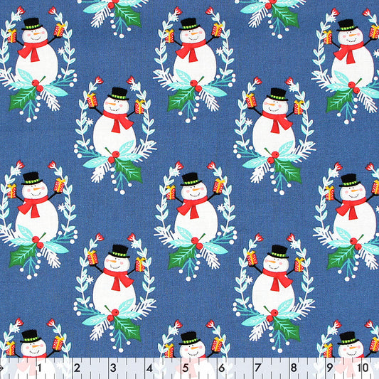 FABRIC CREATIONS 42" × 8 yd Cotton Flannel Fabric Bolt — Blue with Snowmen on Holly Wreath