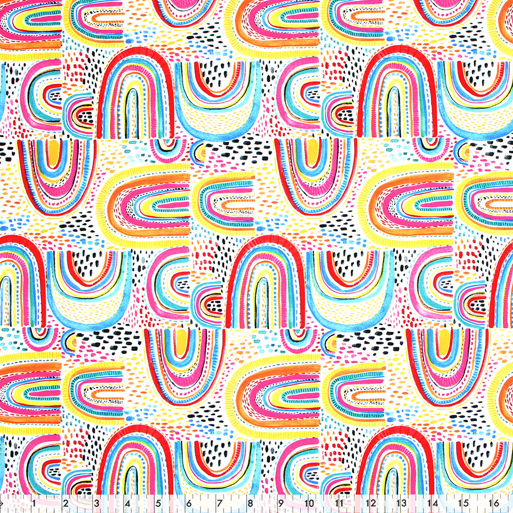 FABRIC CREATIONS 42" × 8 yd Cotton Flannel Fabric Bolt — White with Bright Patterned Rainbows