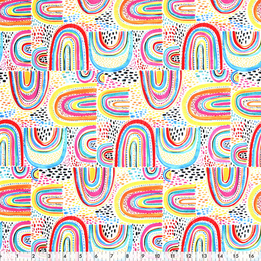 FABRIC CREATIONS 42" × 8 yd Cotton Flannel Fabric Bolt — White with Bright Patterned Rainbows
