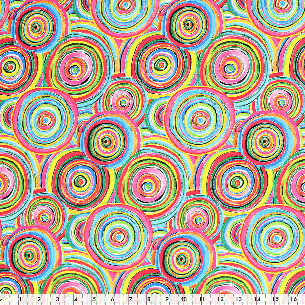 FABRIC CREATIONS 42" × 8 yd Cotton Flannel Fabric Bolt — Bright Multi‑Coloured Circle Rainbows