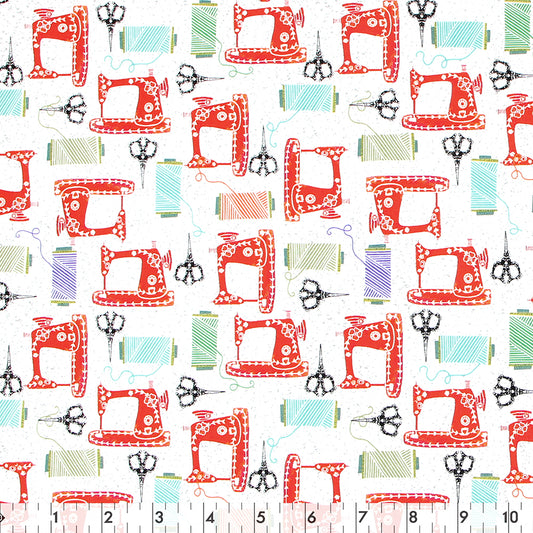 FABRIC CREATIONS 42" × 8 yd Cotton Flannel Fabric Bolt — White with Red Sewing Machines, Thread and Scissors