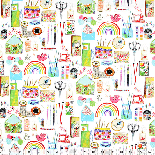 FABRIC CREATIONS 42" × 8 yd Cotton Flannel Fabric Bolt — White with Colourful Arts and Crafts Supplies and Rainbows