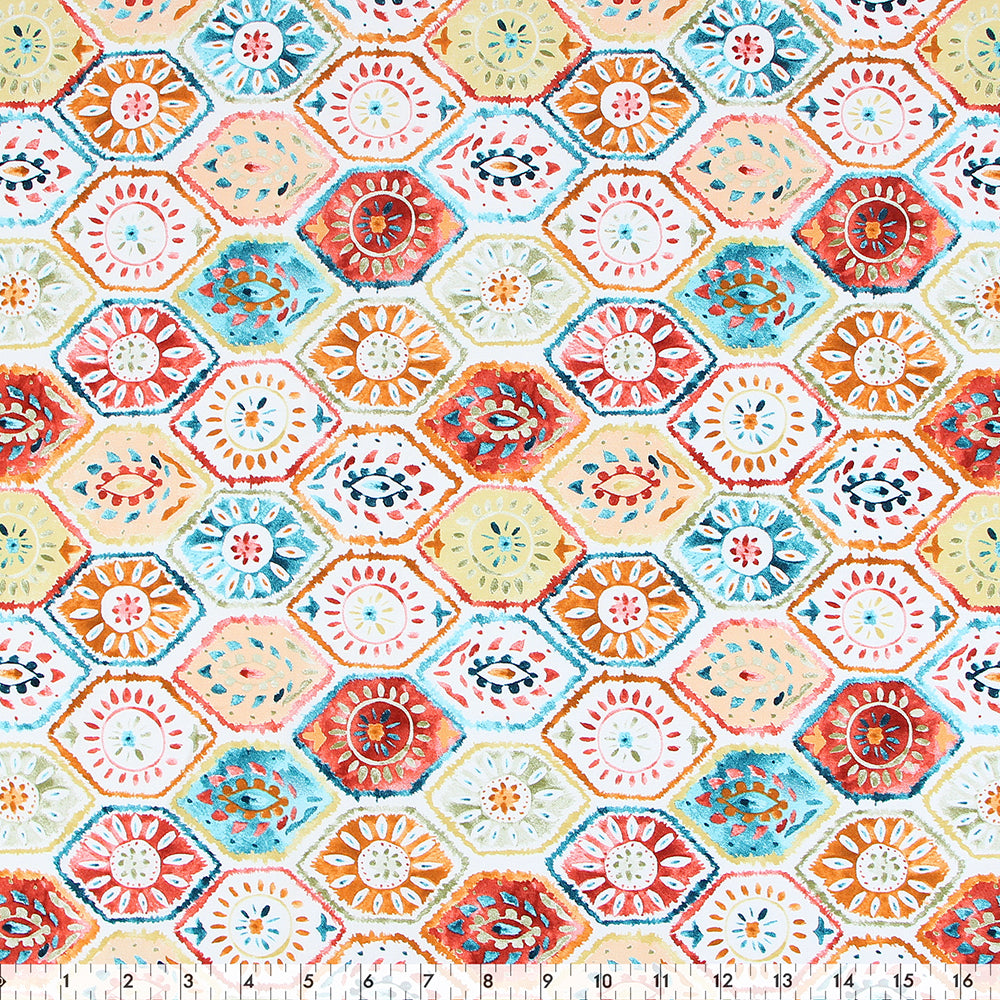 FABRIC CREATIONS 42" × 8 yd Cotton Fabric Bolt — White with Colourful Hand‑Painted Karima Hexagons