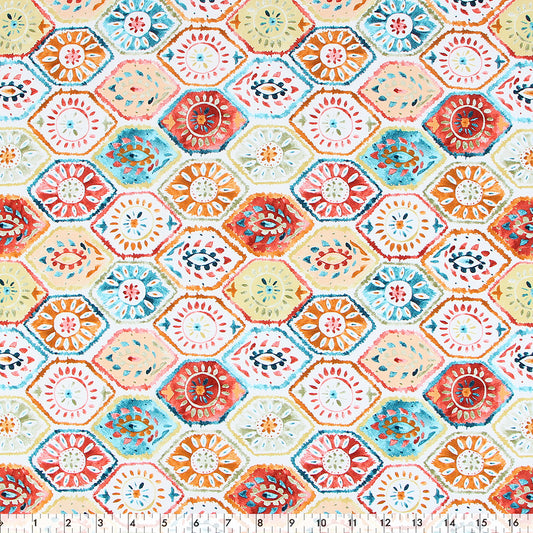 FABRIC CREATIONS 42" × 8 yd Cotton Fabric Bolt — White with Colourful Hand‑Painted Karima Hexagons