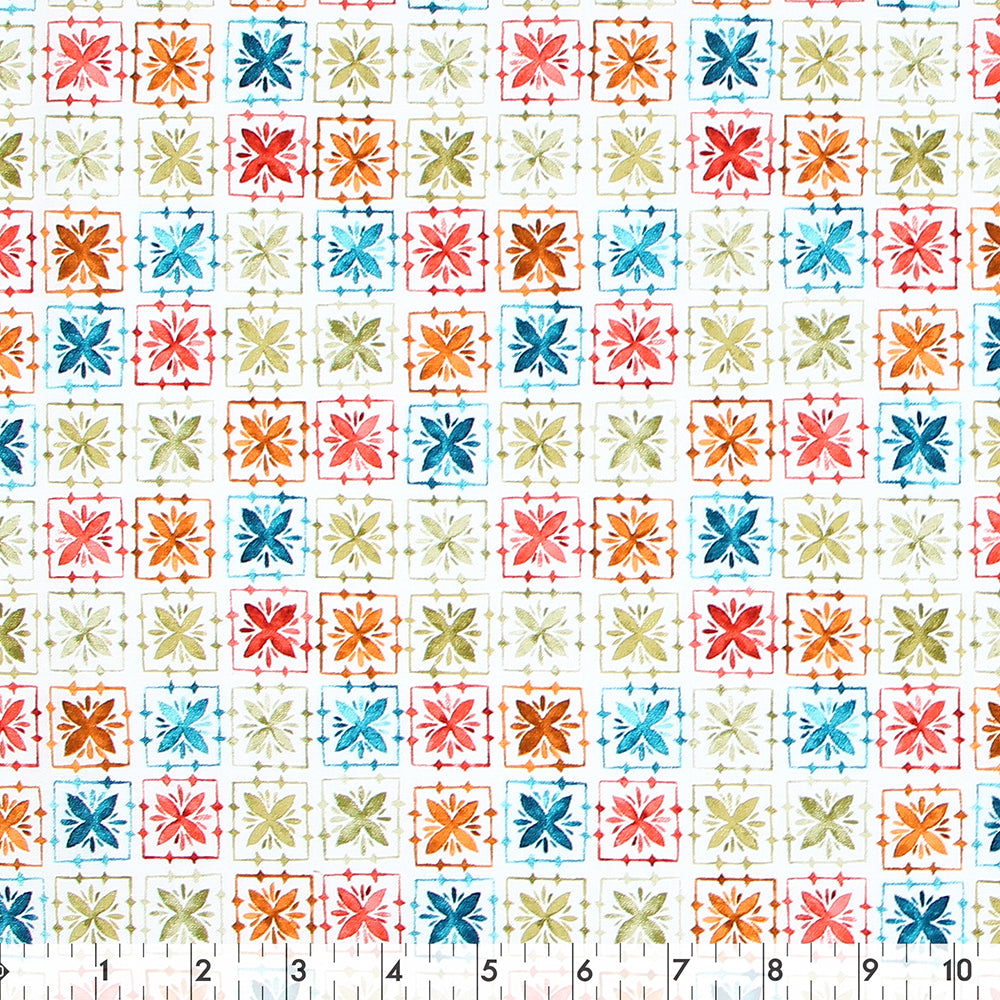 FABRIC CREATIONS 42" × 8 yd Cotton Fabric Bolt — White with Colourful Hand‑Painted Karima Squares