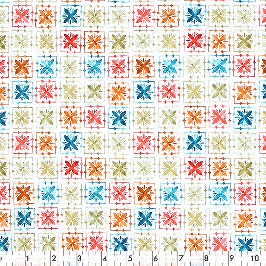 FABRIC CREATIONS 42" × 8 yd Cotton Fabric Bolt — White with Colourful Hand‑Painted Karima Squares