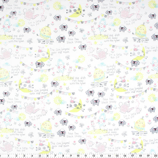 FABRIC CREATIONS 42" × 8 yd Cotton Fabric Bolt — White with Colourful Drawn Nursery Rhyme Characters